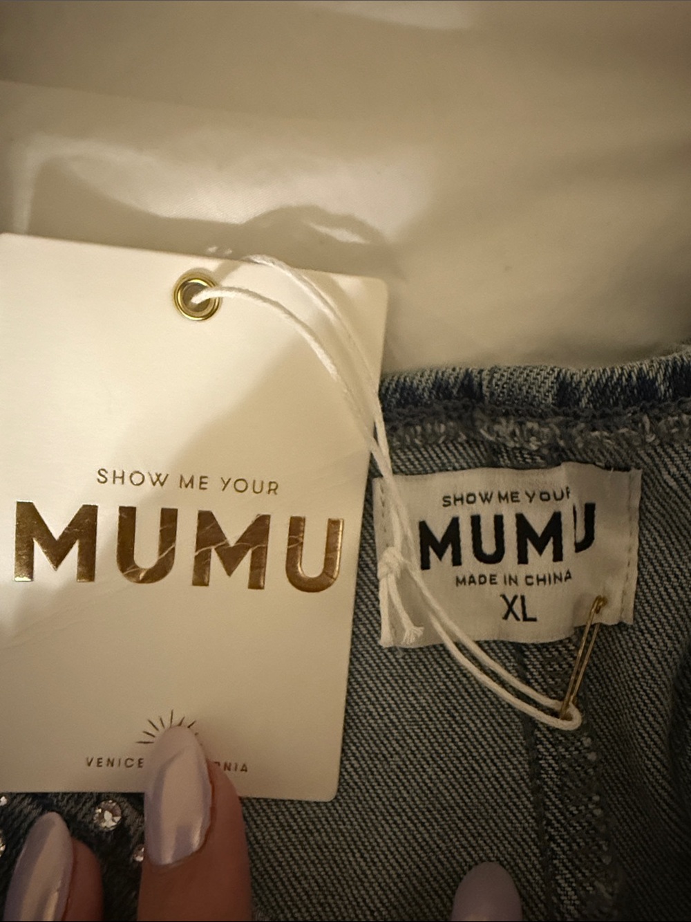 Show me your mummu Rhinestone Detail Denim Jumpsuit with Belt- Blue - Picture 5 of 6